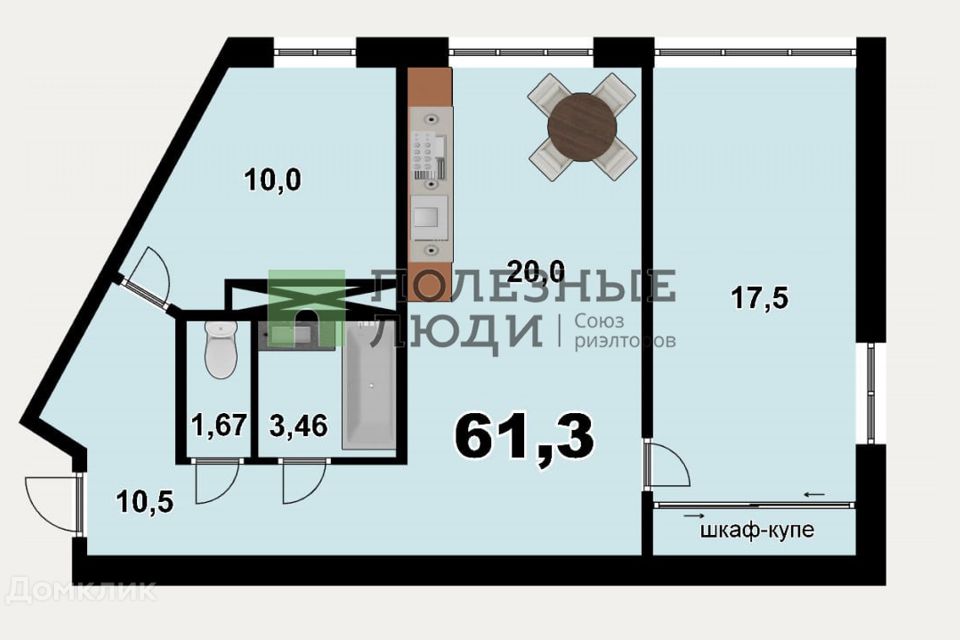 Продаётся 2-комнатная квартира, 61.3 м²