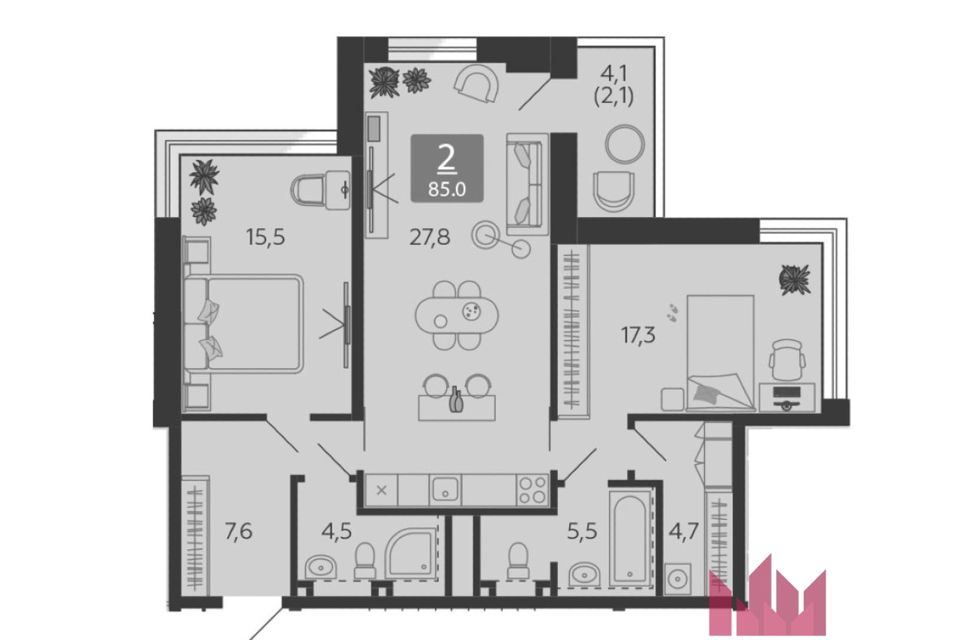 Продаётся 2-комнатная квартира, 85 м²