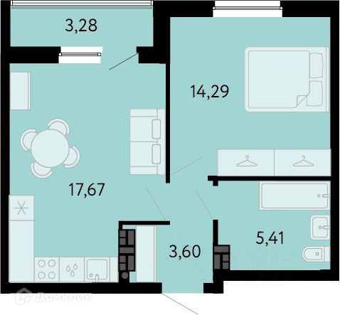 Продаётся 1-комнатная квартира, 42.6 м²