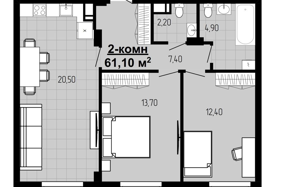 Продаётся 2-комнатная квартира, 61.1 м²