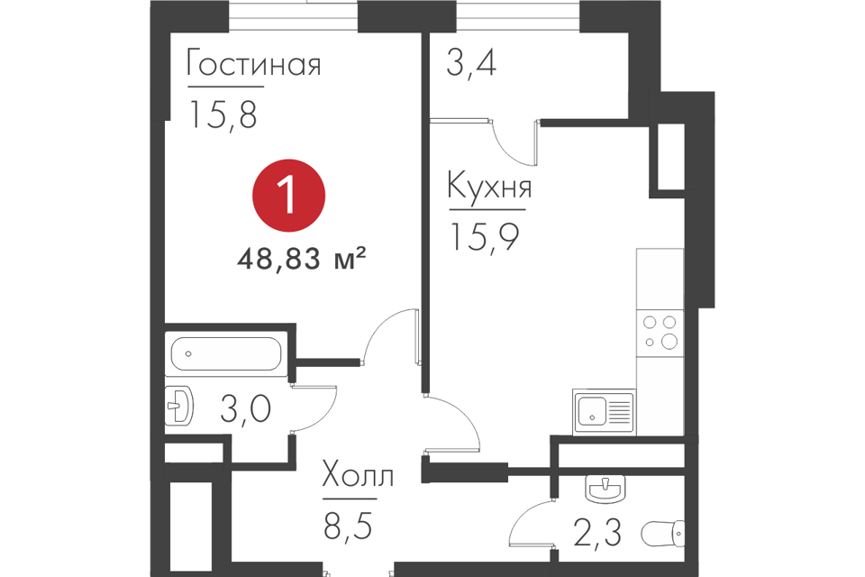 Продаётся 1-комнатная квартира, 49.2 м²