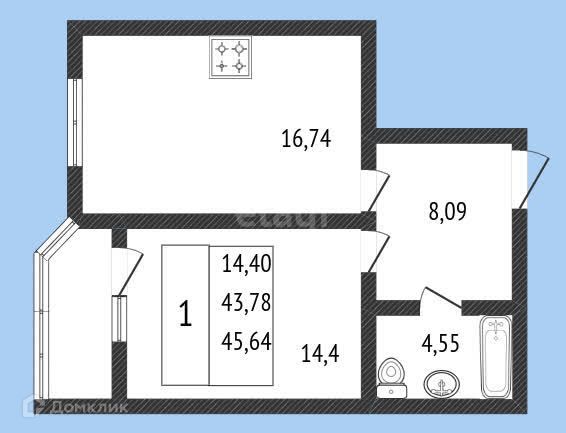 Продаётся 1-комнатная квартира, 45.64 м²
