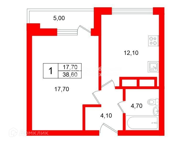 Продаётся 1-комнатная квартира, 38.6 м²
