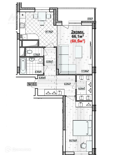 Продаётся 2-комнатная квартира, 70.6 м²