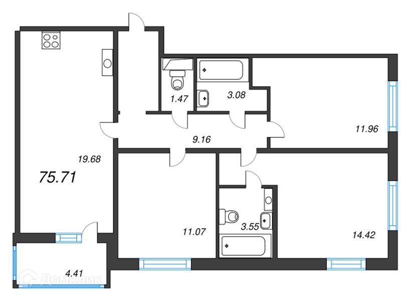 Продаётся 3-комнатная квартира, 78.8 м²