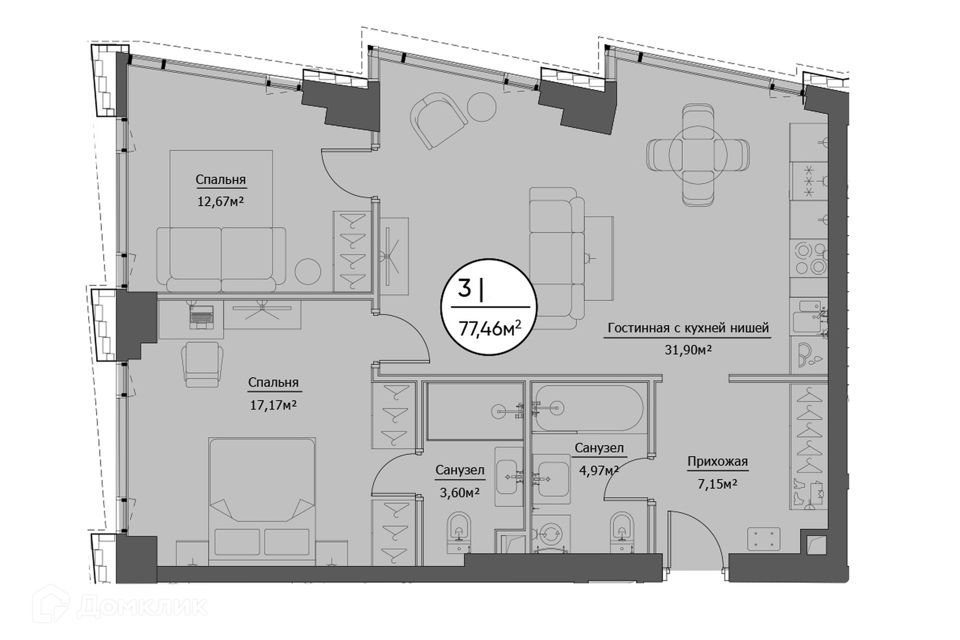 Продаётся 2-комнатная квартира, 77.46 м²