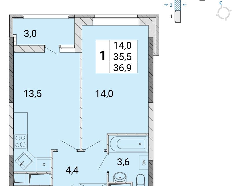 Продаётся 1-комнатная квартира, 36.8 м²