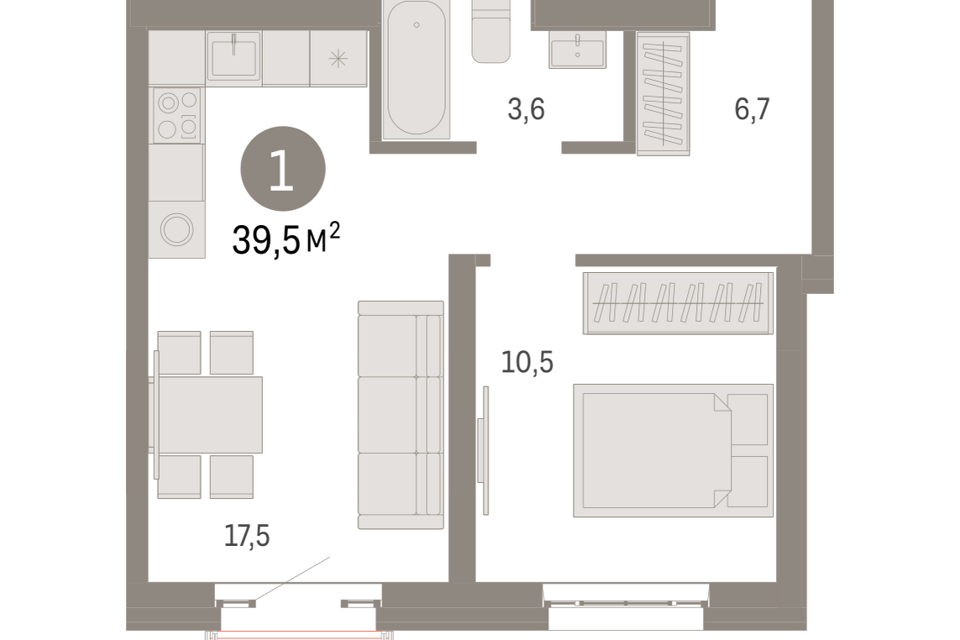 Продаётся 1-комнатная квартира, 39.5 м²