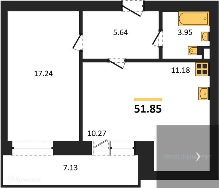 Продаётся 1-комнатная квартира, 51.85 м²
