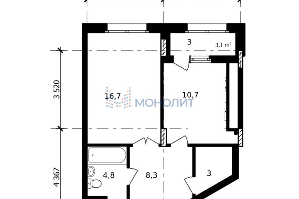 Продаётся 1-комнатная квартира, 46.2 м²