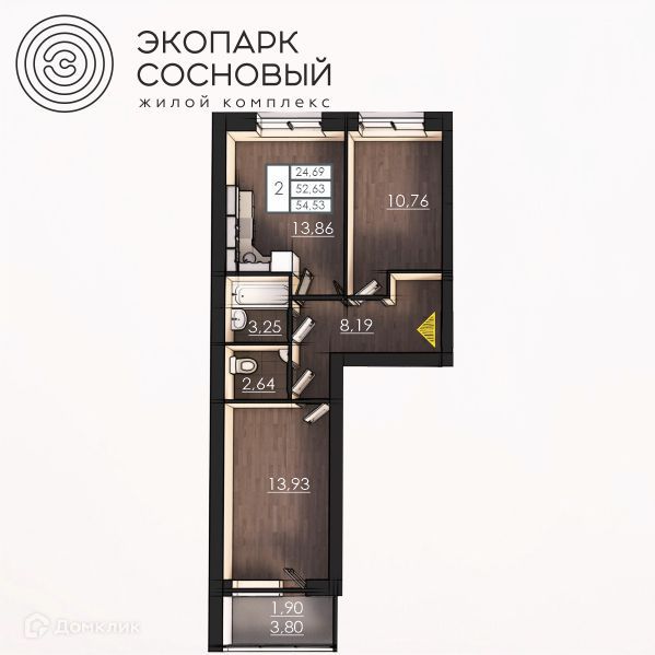 Продаётся 2-комнатная квартира, 52.5 м²