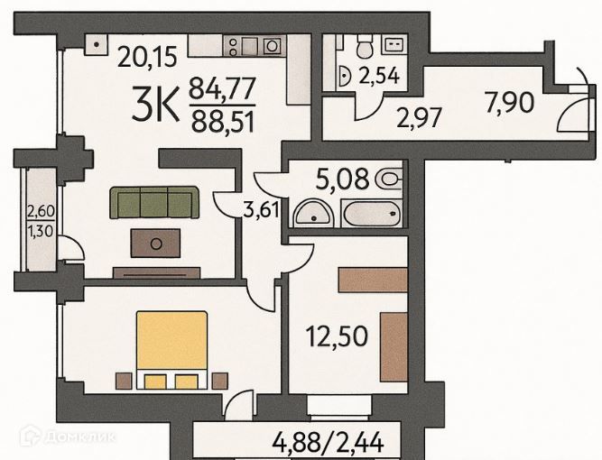 Продаётся 2-комнатная квартира, 89 м²