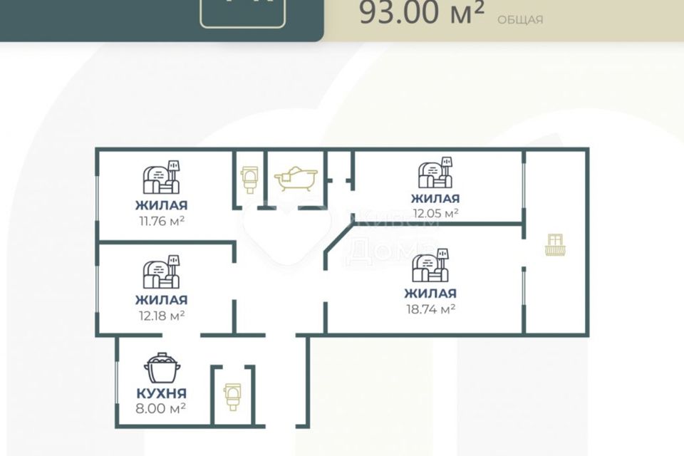 Продаётся 4-комнатная квартира, 93 м²