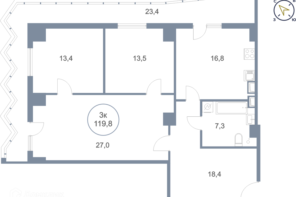 Продаётся 3-комнатная квартира, 119.8 м²
