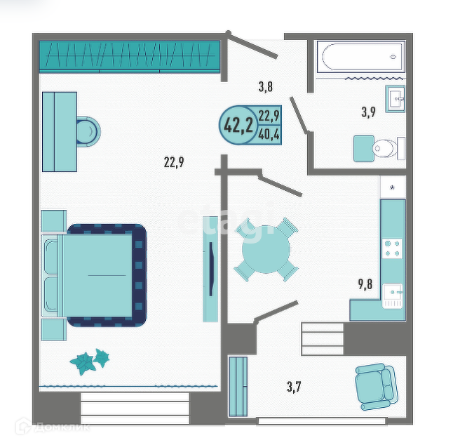 Продаётся 1-комнатная квартира, 42 м²