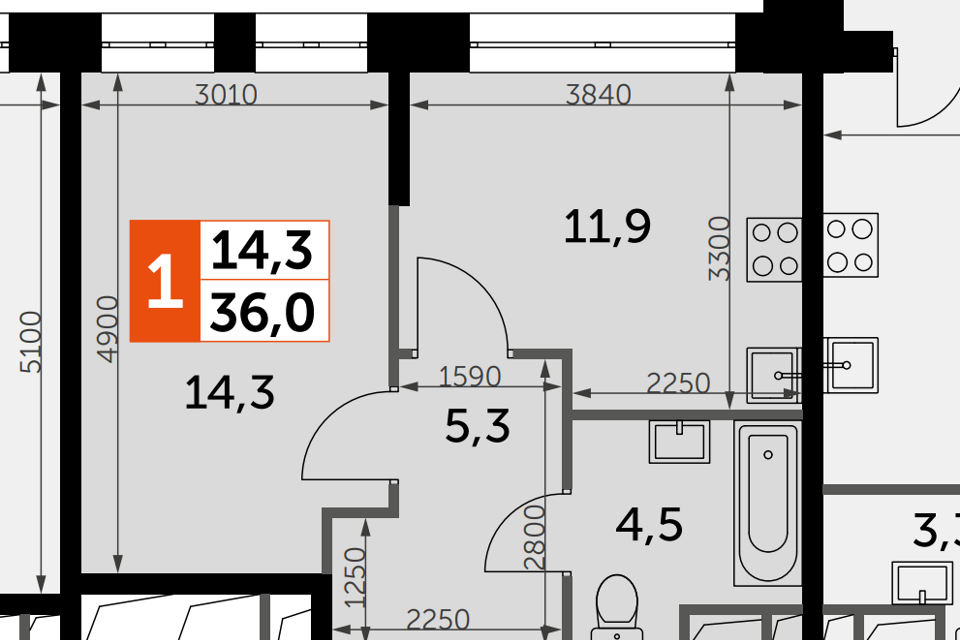 Продаётся 1-комнатная квартира, 36 м²