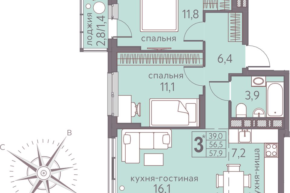 Продаётся 3-комнатная квартира, 57.9 м²