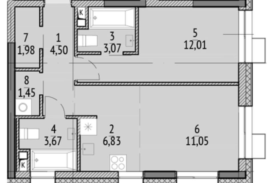 Продаётся 2-комнатная квартира, 44.56 м²