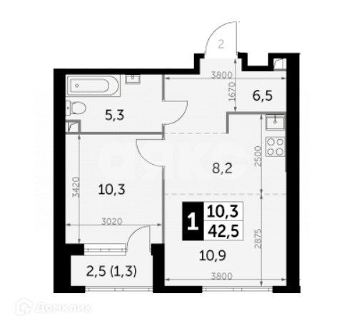 Продаётся 1-комнатная квартира, 42.5 м²