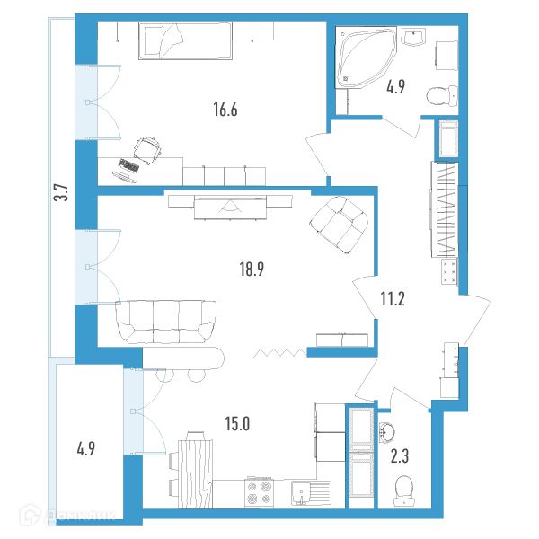 Продаётся 2-комнатная квартира, 72.5 м²