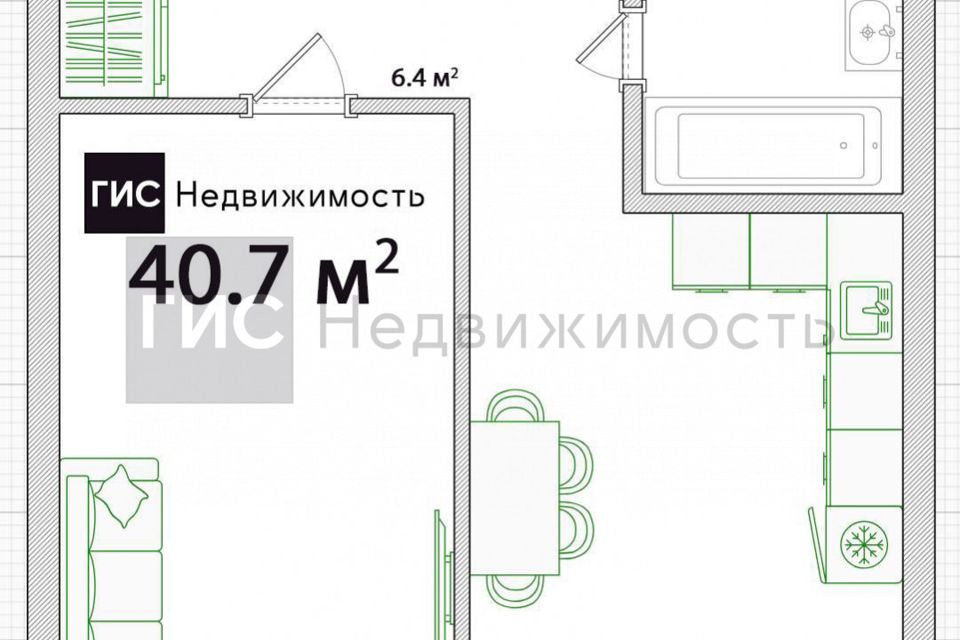 Продаётся 1-комнатная квартира, 40.7 м²