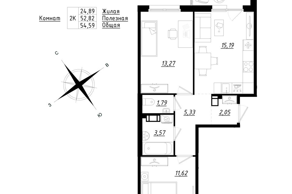 Продаётся 2-комнатная квартира, 54.84 м²