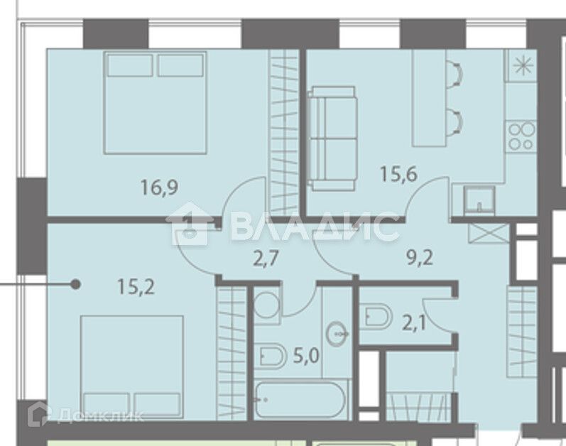 Продаётся 2-комнатная квартира, 62.1 м²