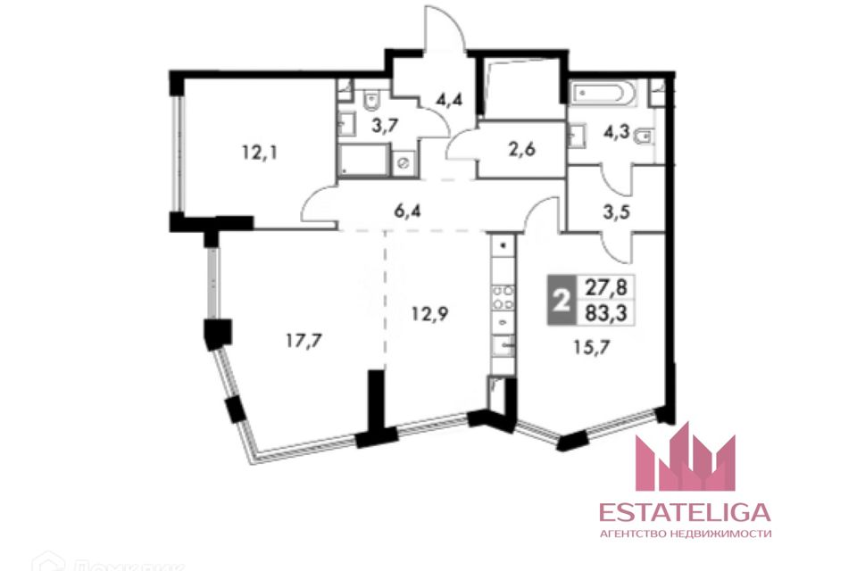 Продаётся 3-комнатная квартира, 83.3 м²