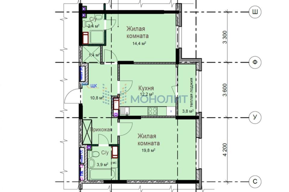 Продаётся 2-комнатная квартира, 68.7 м²