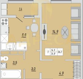 Продаётся 1-комнатная квартира, 36.2 м²