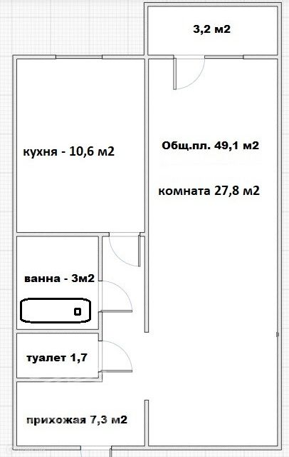 Продаётся 1-комнатная квартира, 49.1 м²