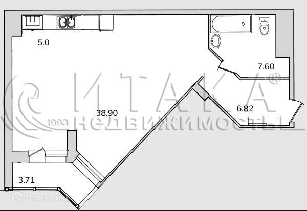 Продаётся 1-комнатная квартира, 61.5 м²
