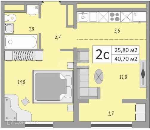 Продаётся 1-комнатная квартира, 40.7 м²