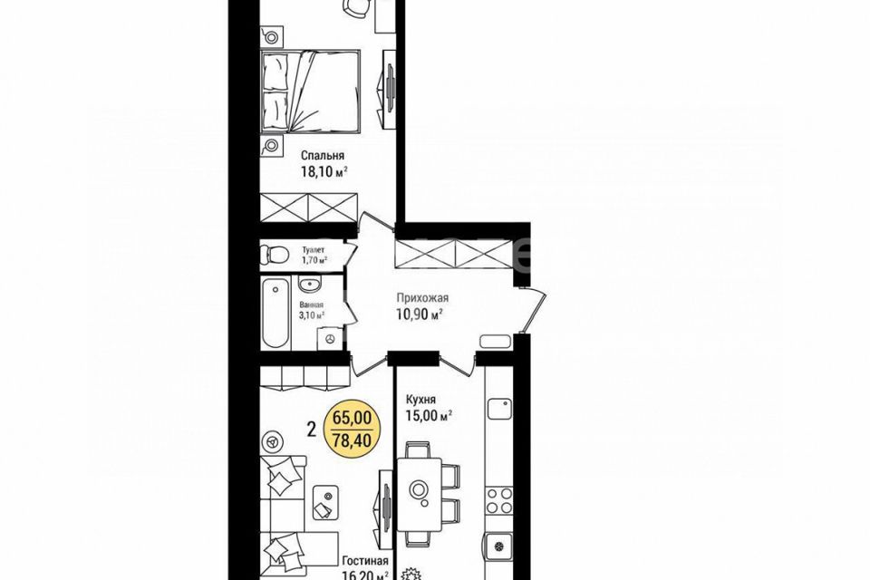 Продаётся 2-комнатная квартира, 78 м²