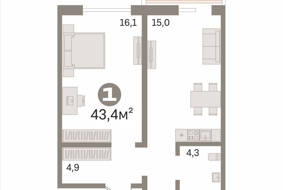 Продаётся 1-комнатная квартира, 43.4 м²