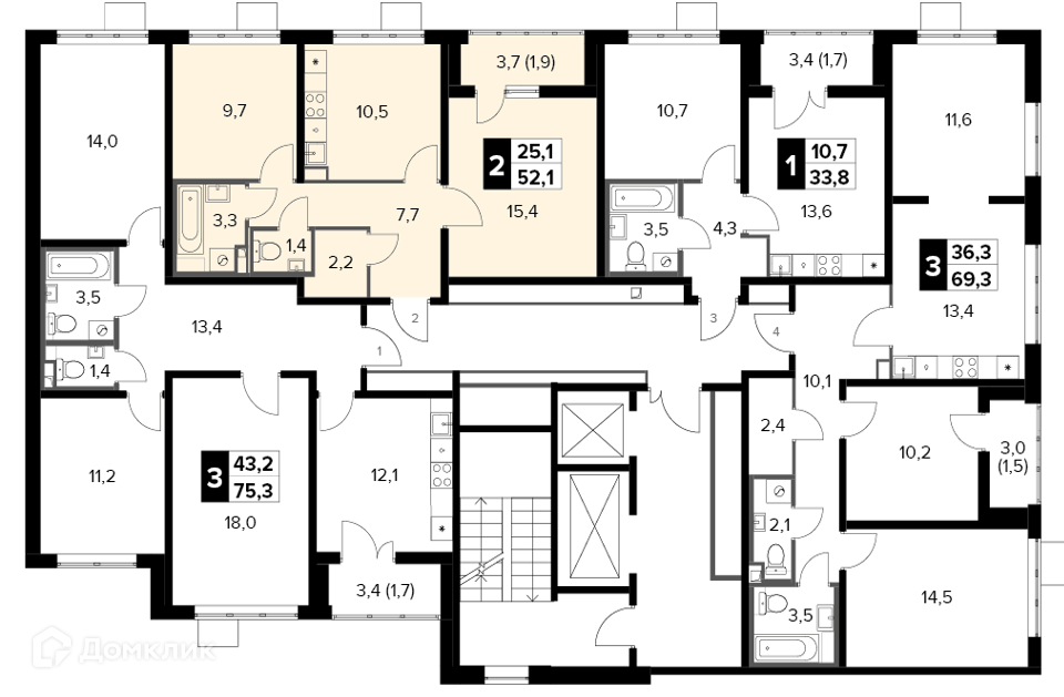 Продаётся 2-комнатная квартира, 52.1 м²