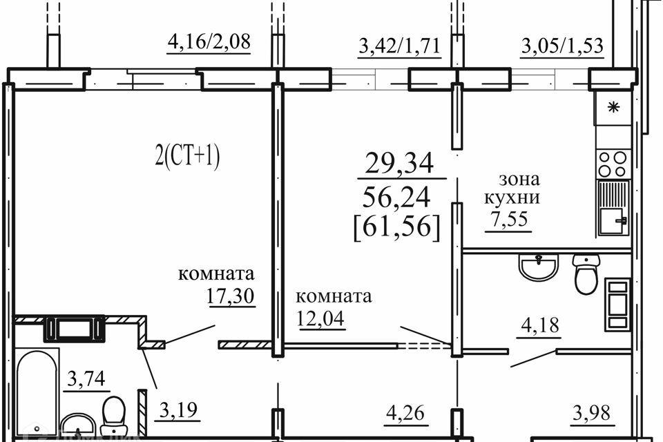 Продаётся 2-комнатная квартира, 56.24 м²
