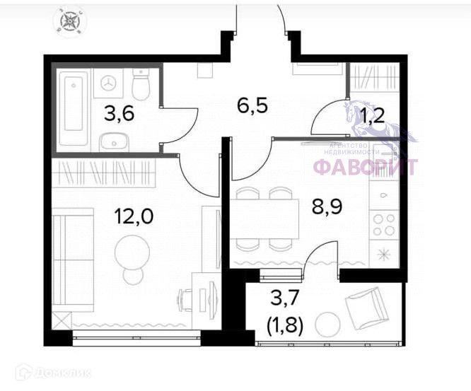 Продаётся 1-комнатная квартира, 34.1 м²