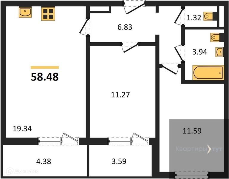 Продаётся 2-комнатная квартира, 58.48 м²