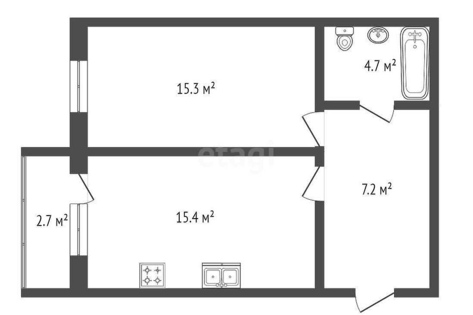 Продаётся 1-комнатная квартира, 43 м²