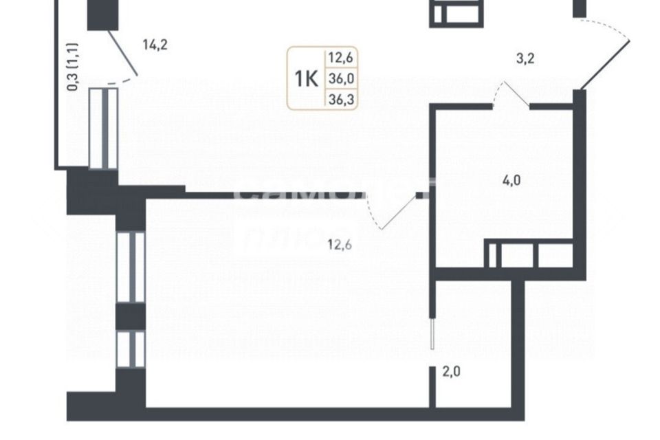 Продаётся 1-комнатная квартира, 36.3 м²