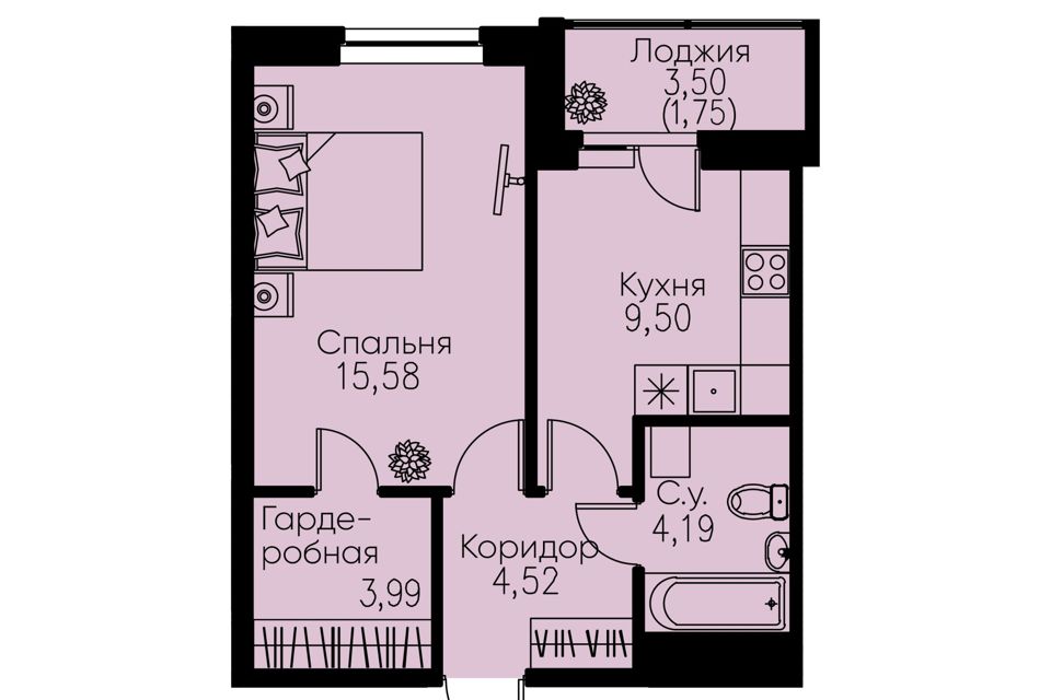 Продаётся 1-комнатная квартира, 39.53 м²