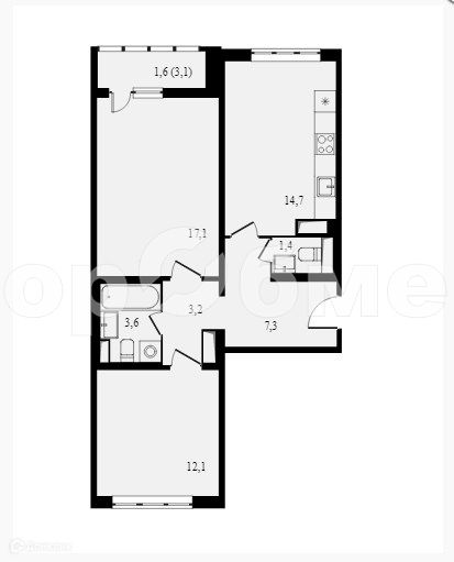 Продаётся 2-комнатная квартира, 57.1 м²