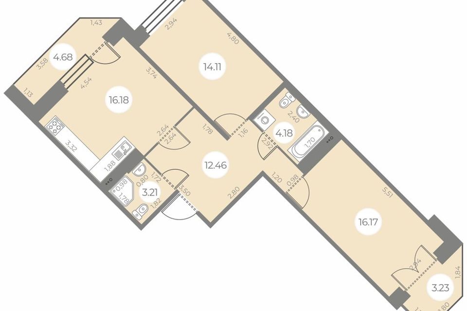 Продаётся 2-комнатная квартира, 70.26 м²