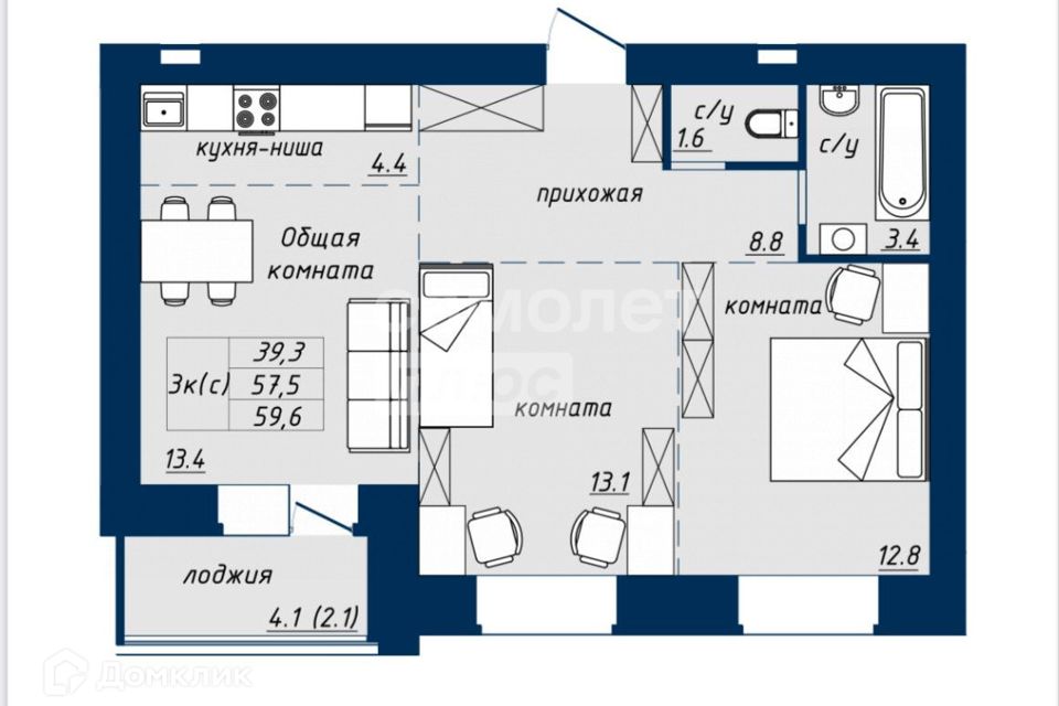 Продаётся 3-комнатная квартира, 59.6 м²