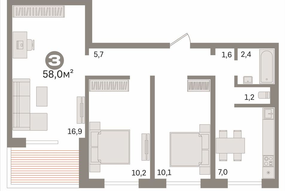 Продаётся 3-комнатная квартира, 58 м²