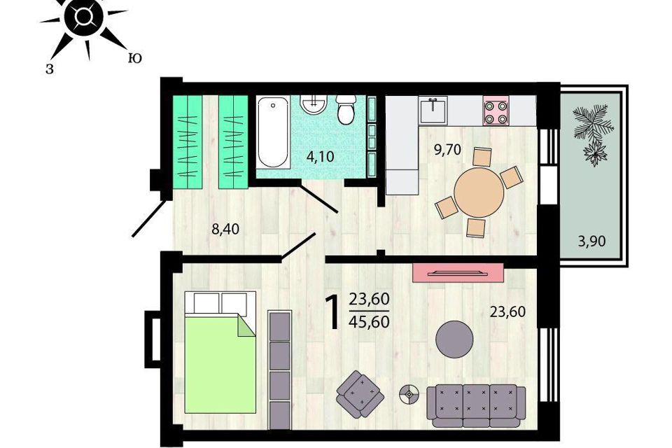 Продаётся 1-комнатная квартира, 45.4 м²