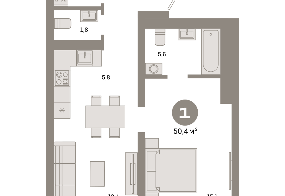 Продаётся 1-комнатная квартира, 50.4 м²