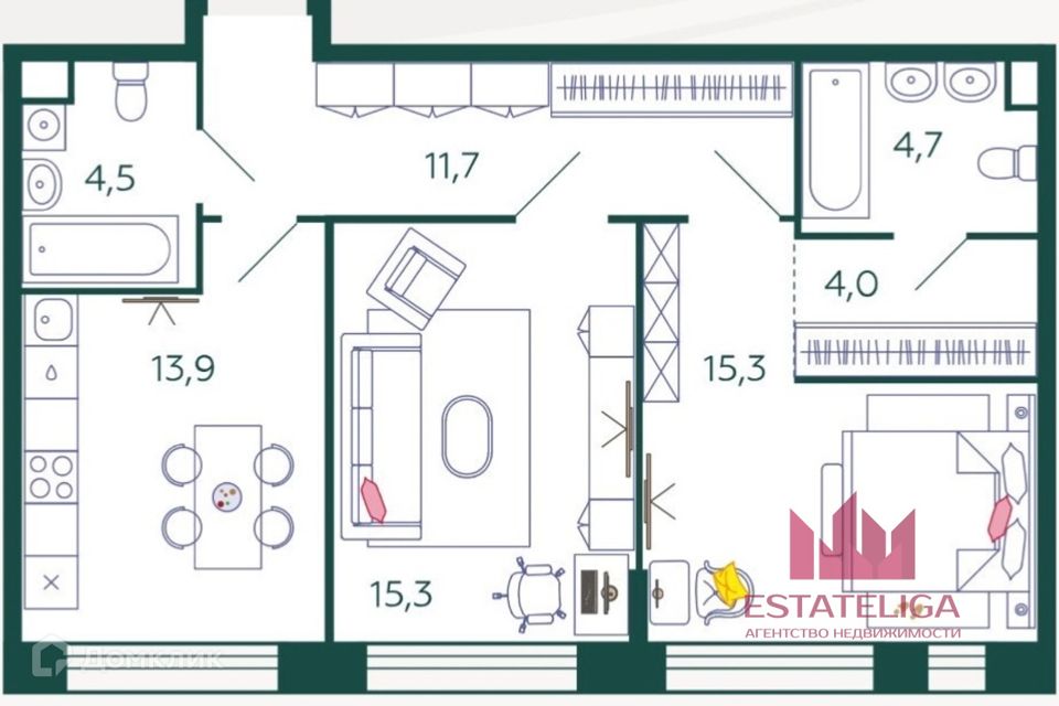 Продаётся 2-комнатная квартира, 69.4 м²