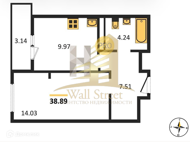 Продаётся 1-комнатная квартира, 38.89 м²